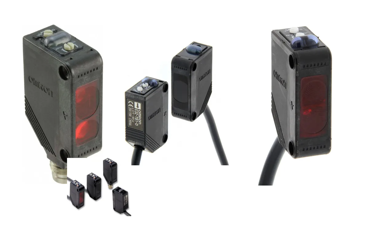 Коллаж фотоэлектрических датчиков Omron E3Z и индуктивных E2E